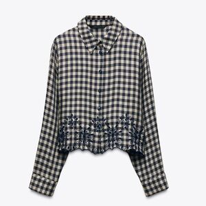 Zara Navy and Cream Checkered Shirt